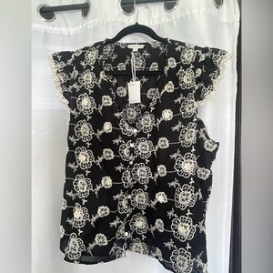 Jennifer & Grace XL blouse, ruffle embroidery, black and cream